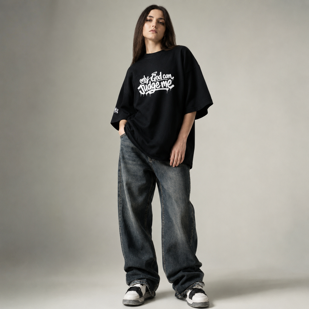 Oversized high neck t-shirt organic (white logo)